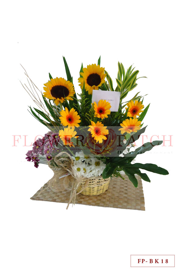 6 Gerberas, 2 Sunflowers and Mums in a Basket