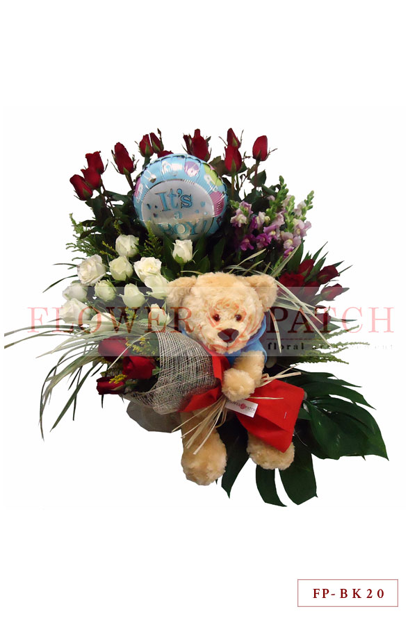 3 Dozen Roses, 1 Hoodie Bear (blue) and “It’s a Boy” Balloon in a Basket