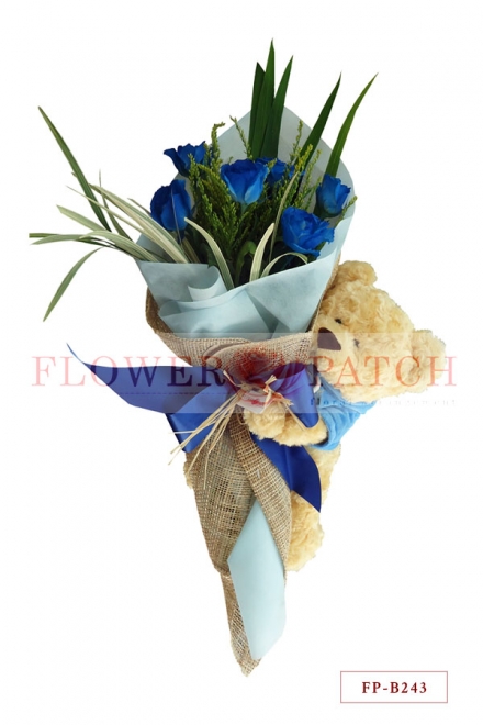 Bouquet of 6 Blue Roses with Big Hoodie Bear