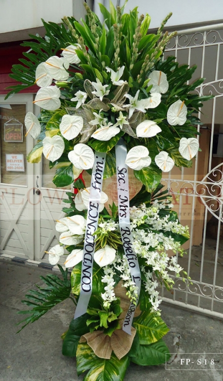 Standing Arrangement of White Anthuriums, Casablanca Lilies, Orchids & Tuberoses | Sympathy & Funeral Flowers Delivery