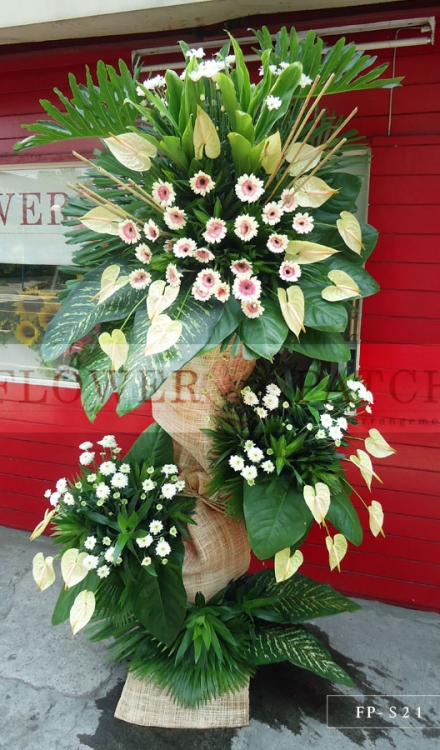 Standing Arrangement of Anthuriums, White & Red Gerberas, and Mums | Sympathy & Funeral Flowers Delivery