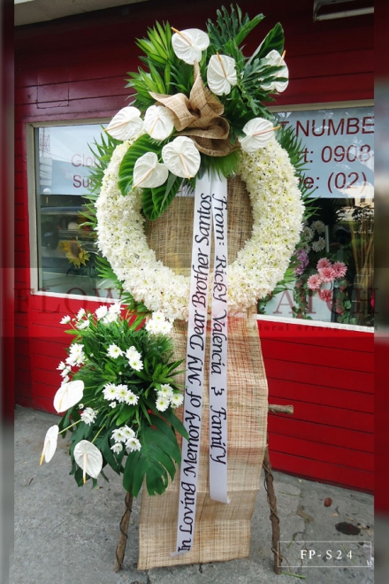 Standing Arrangement of White Anthuriums & Mums | Sympathy & Funeral Flowers Delivery