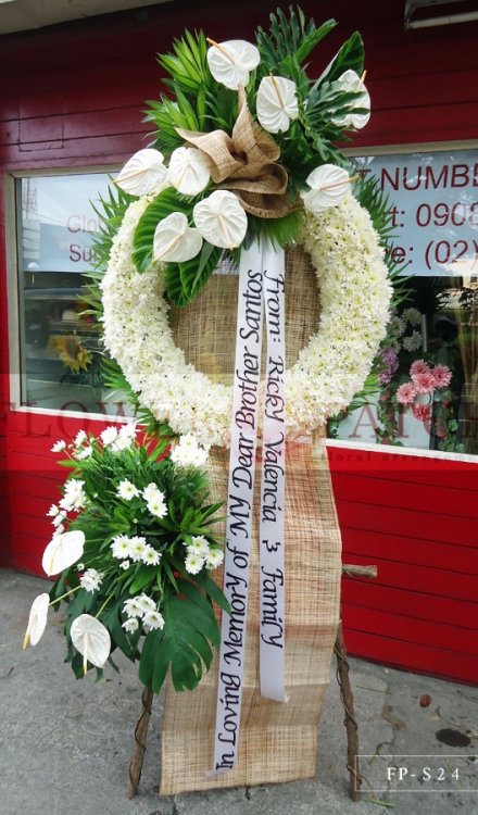 Standing Arrangement of White Anthuriums & Mums | Sympathy & Funeral Flowers Delivery