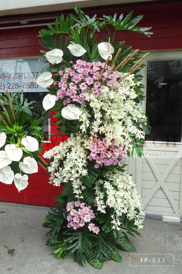 Funeral Flowers - Standing Arrangement of Orchids, Anthuriums and Mums