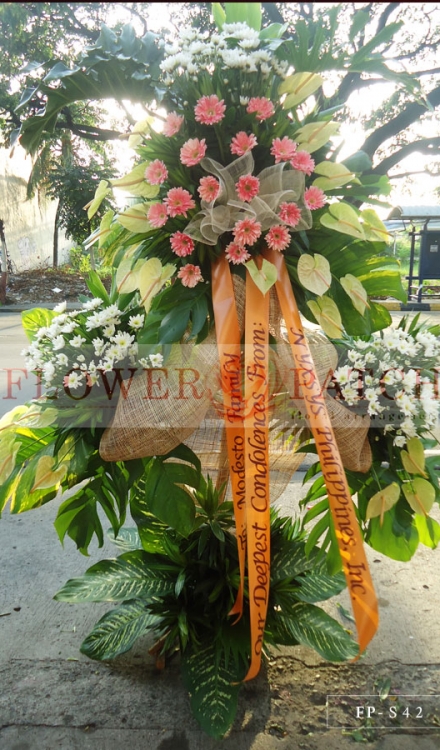 Standing Arrangement of Anthuriums, Peach Gerberas & Mums | Sympathy & Funeral Flowers Delivery