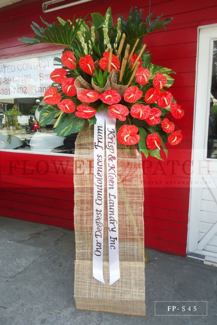Standing Arrangement of White Anthuriums, Orchids & Tuberoses | Sympathy & Funeral Flowers Delivery