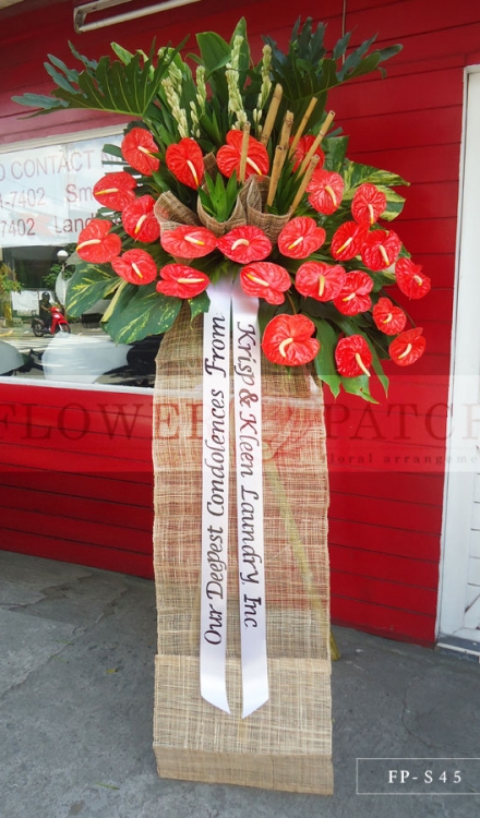 Standing Arrangement of White Anthuriums, Orchids & Tuberoses | Sympathy & Funeral Flowers Delivery