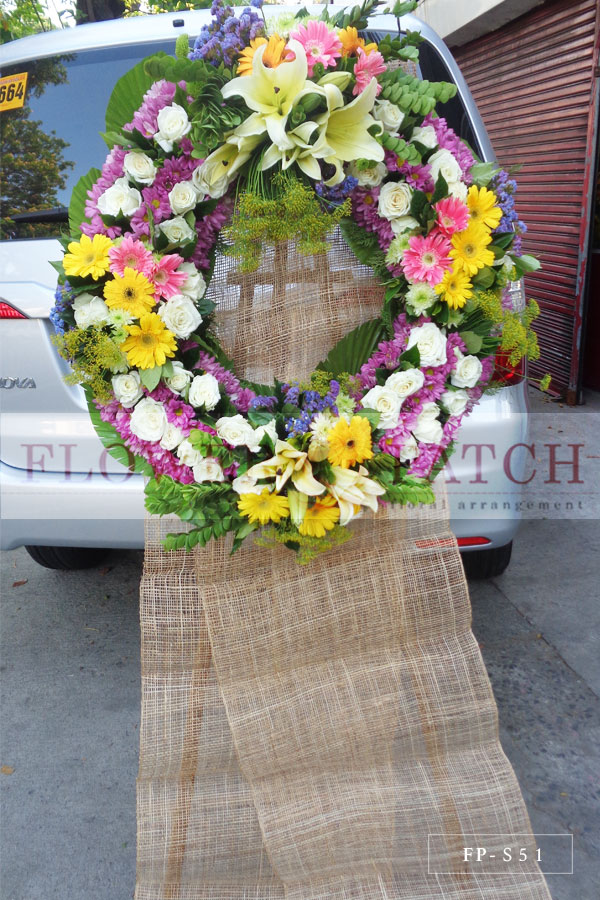 Funeral Flowers - Wreath Arrangement of Roses, Lilies, Gerberas, Mums and Statice