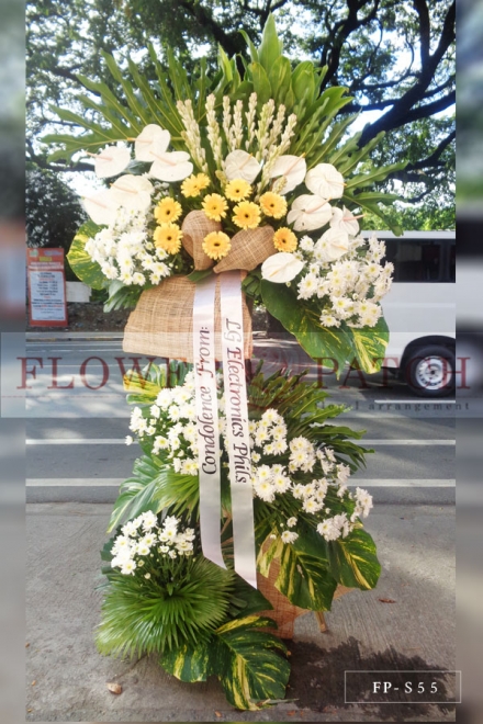 Standing Arrangement of Mums, Anthuriums, Tuberoses & Yellow Gerberas | Sympathy & Funeral Flowers Delivery