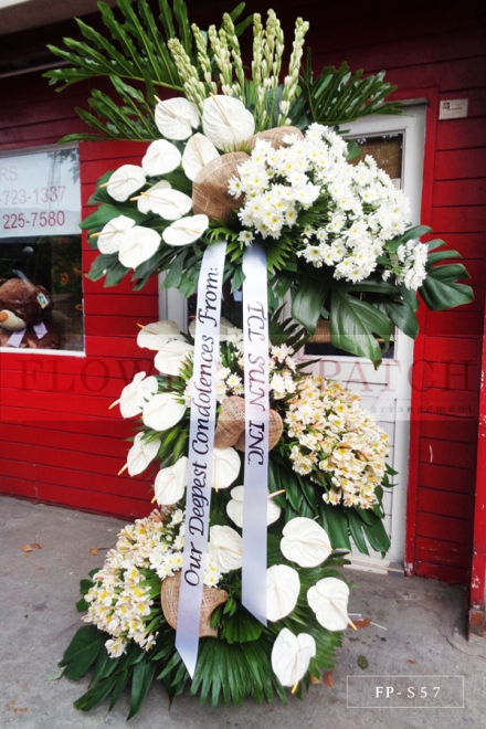 Standing Arrangement of White Anthuriums, Mums, Alstroemerias & Tuberoses | Sympathy & Funeral Flowers Delivery