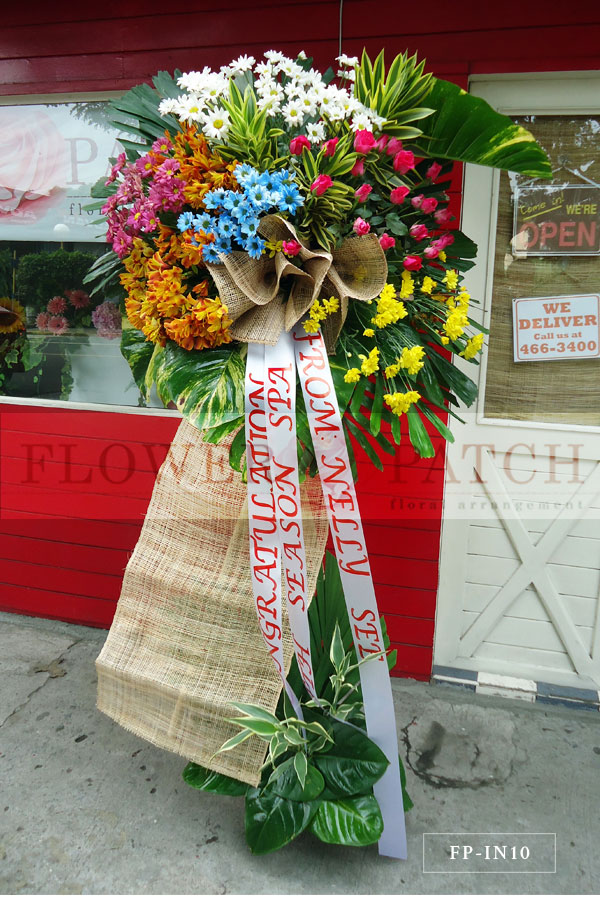 Standing Arrangement of Mums, Roses and Alstroemerias