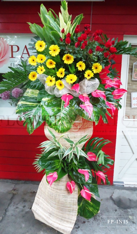 Standing Arrangement of Roses, Gerberas and Anthuriums