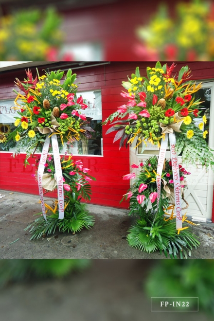 Standing Arrangement of Gerberas, Green and Yellow Button Mums, Birds of Paradise, Shampoo Ginger and Anthuriums