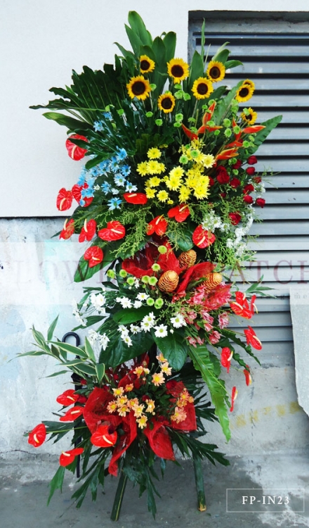 Standing Arrangement of Sunflowers, Green Button Mums, Roses, Yellow and White Malaysian Mums, Alstromerias, Heliconias, Shampoo Ginger and Anthuriums