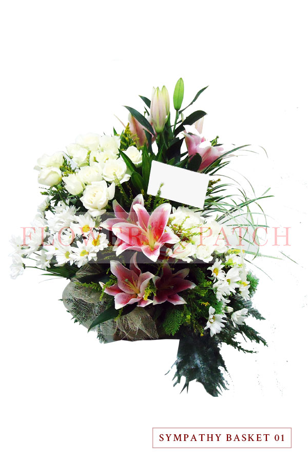 Funeral Flowers - Sympathy Basket of Stargazer Lilies, Roses and Mums
