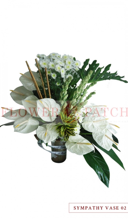 Funeral Flowers - Sympathy Vase of Anthuriums, Mums and Tube Roses