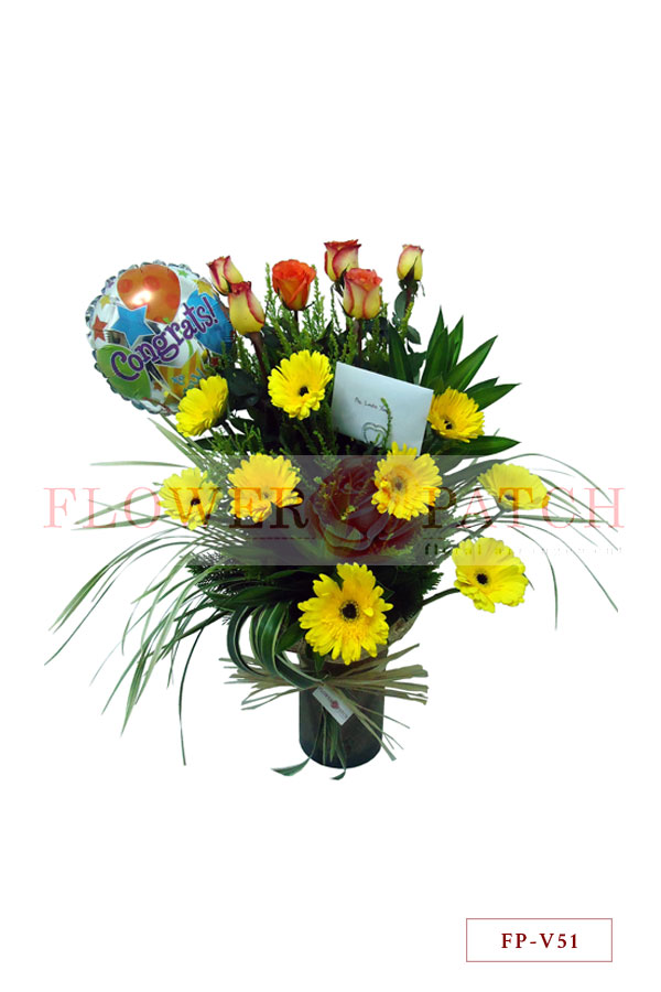 6 Korean Roses and 9 Gerberas with “Congratulations” Balloon in a Vase