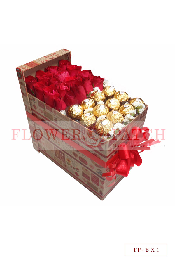 18 Red Roses with 12pcs. Fererro Rocher Chocolates in a Paper Box