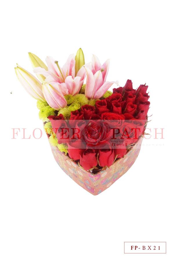 24 Red Roses, 1 Stem of Stargazer with Mums in a Paper Heart Shape Box