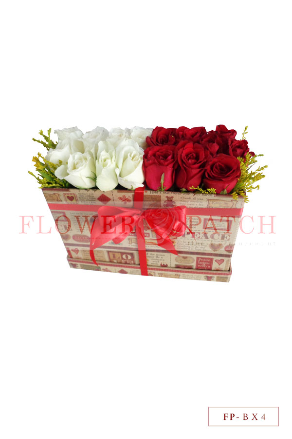 15 Red and White Roses in a Paper Box