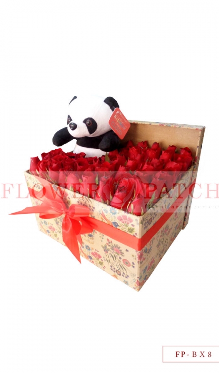36 Red Roses with Mini Panda Stuffed Toy in a Paper Box