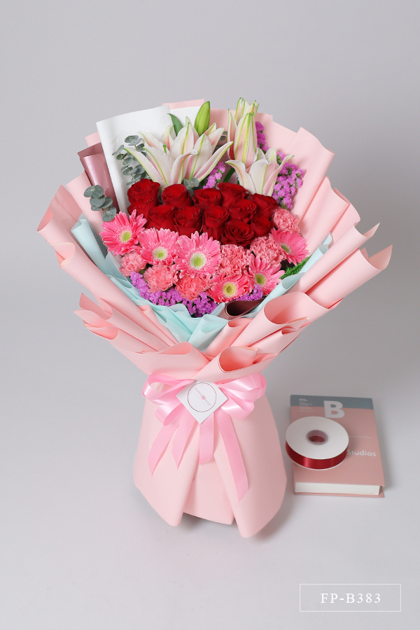 Bouquet of 1 Dozen Imported Roses, 6 Gerberas, 6 Carnations and 2 Stems ...