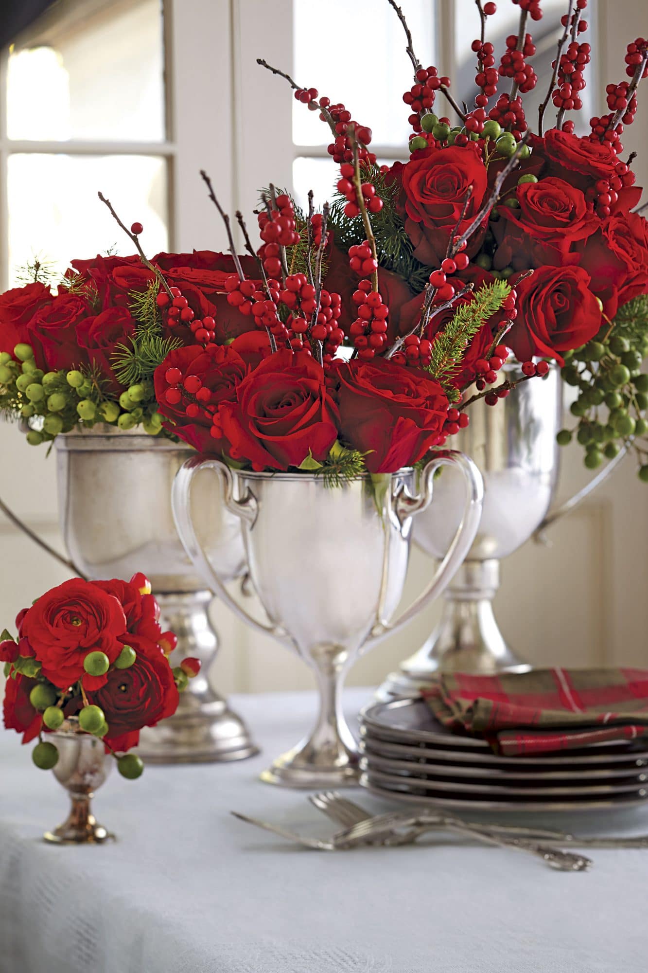 Red Flowers in Metallic Vases
