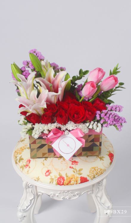 1 Dozen Roses, 3 Tulips and 1 Stem Stargazer Lily in a Box