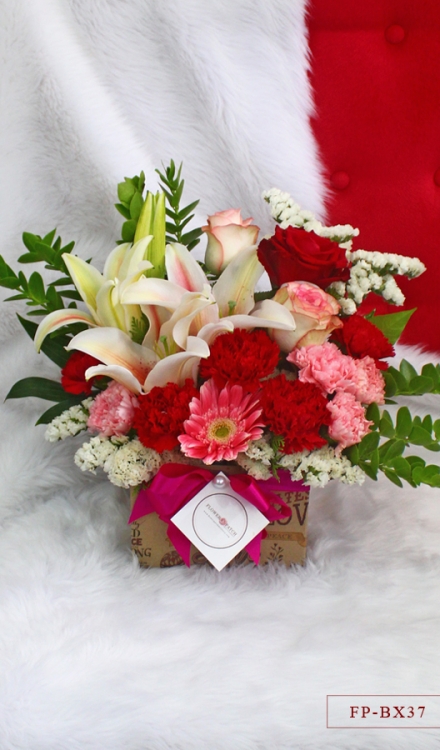 3 Imported Roses, 9 Carnations, 1 Stem Stargazer Lily and 1 Gerbera in a Box