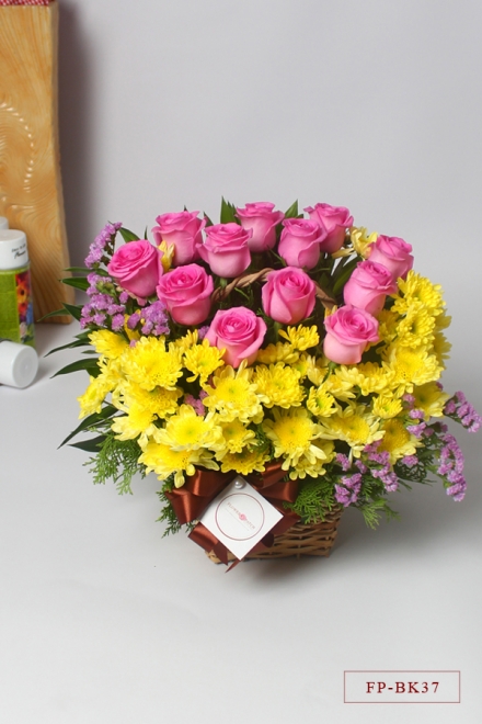 1 Dozen Imported Roses with Mums in a Basket