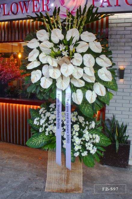 Standing Arrangement of White Anthuriums, Casablanca Lilies and Mums
