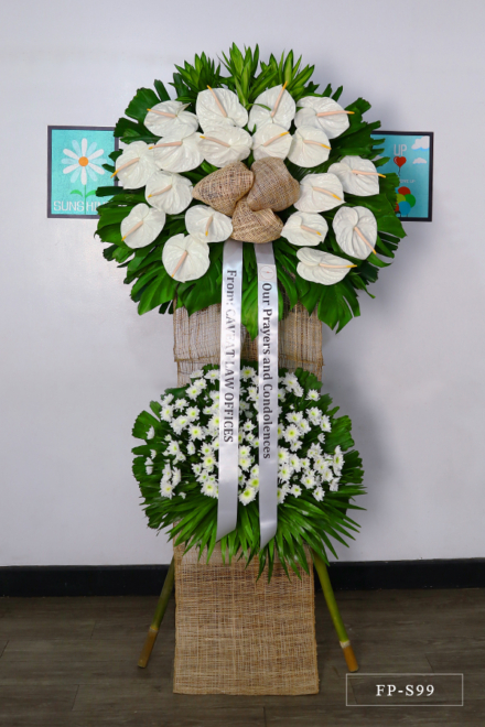 Standing Arrangement of White Anthuriums and Mums