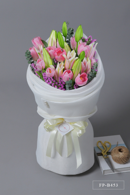 Bouquet of 1 Dozen Tulips and 3 Stems Stargazer Lily