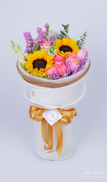 Bouquet of 2 Sunflowers, 2 Tulips, 2 Carnations and 3 Imported Roses