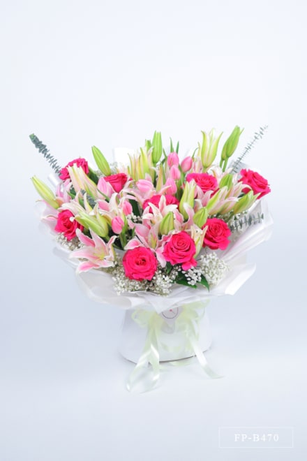 Bouquet 9 Ecuadorian Roses, 9 Tulips and 9 Stems of Stargazer Lily