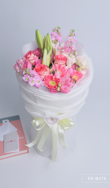 Bouquet of 3 Imported Roses, 3 Tulips, 3 Gerberas, 1 Stem Stargazer and 3 Stems of Lisianthus