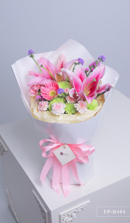 Bouquet of 12 Carnations, 1 Gerbera and 1 Stem Stargazer Lily