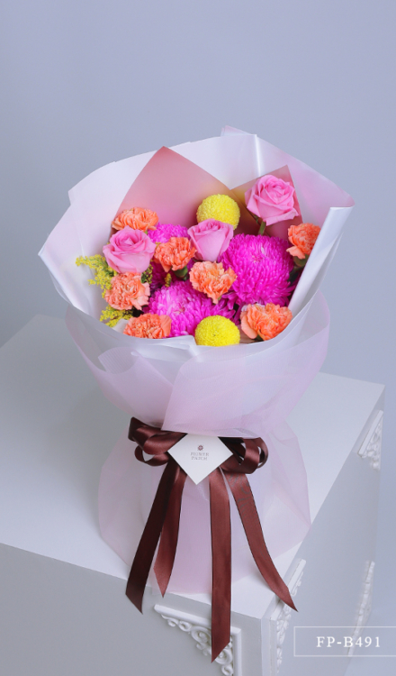 Bouquet of 3 Sunlight Mums, 3 Imported Roses, 3 Ping Pong Mums and 7 Carnations