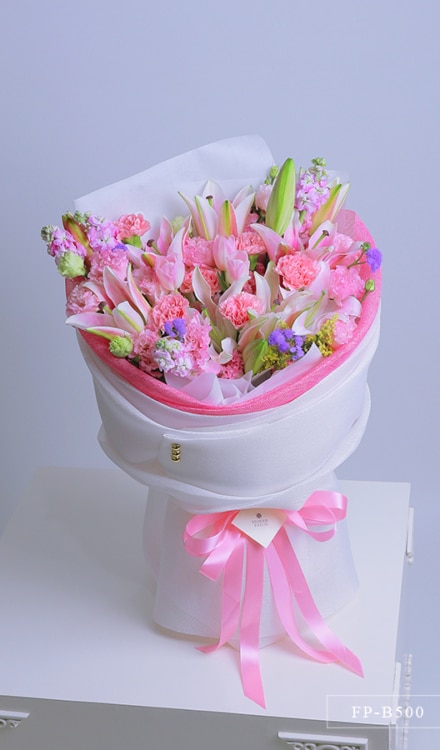 Bouquet of 4 Stems of Stargazer Lilies, 6 Stems of Lisianthus, 6 Carnations, 3 Tulips and 4 Matthiolas
